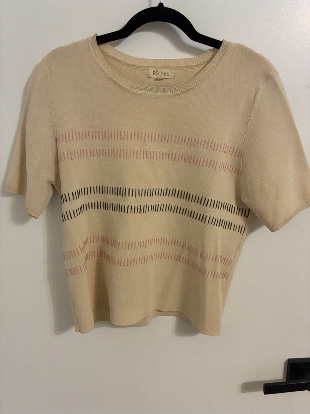 Roolee Cream Short-Sleeve Knit Top with Pink and Dark Green Stripe Accents